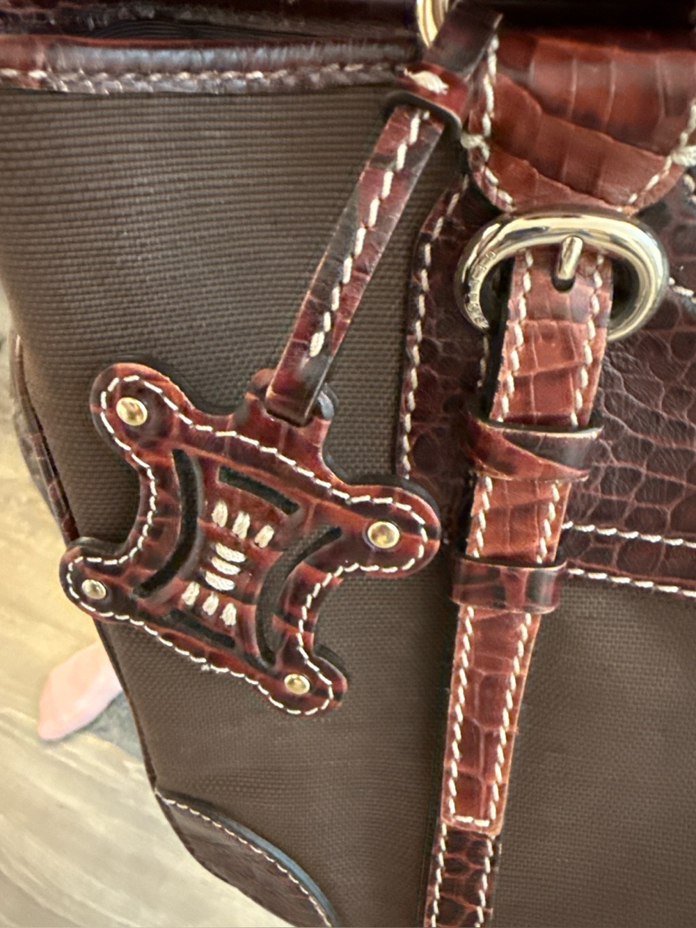 Authentic Céline Boogie Bag Chocolate Canvas Croc-Embossed Leather Triomphe Tag
